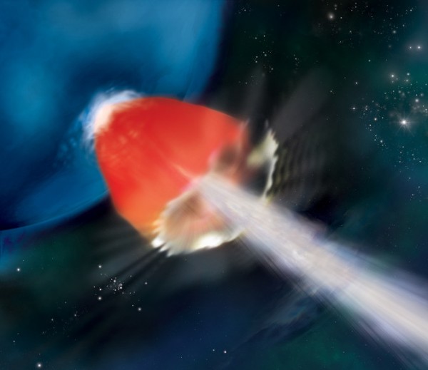 La supergigante blu, povera di metalli, potrebbe mostrare un getto (bianco) ad altissima energia, circondato da un involucro di gas riscaldato che emette nell’ X (zona rossa). Fonte: NASA/Swift/A. Simonnet, Sonoma State Univ. 
