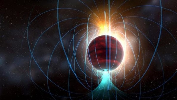 La nana rossa TVLM 513-46546 mostra un potentissimo campo magnetico associate, probabilmente, a continue e terribili eruzioni solari. Meglio non avvicinarsi troppo. Fonte: NRAO/AUI/NSF; Dana Berry / SkyWorks