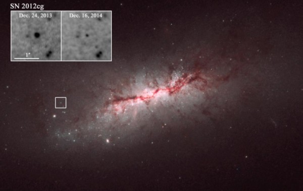 Un’immagine della supernova ripresa da Hubble. Nei riquadri si nota la differenza di luminosità osservata nel giro di circa un anno.Fonte: NASA / Hubble Space Telescope