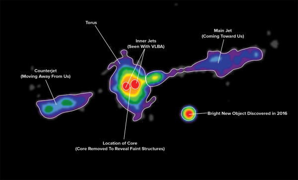 L'immagine di Cygnus A ripresa dal VLA. Si nota molto bene la ciambella (toro) che circonda il buco nero molto attivo. Fonte: Carilli et al., NRAO/AUI/NSF