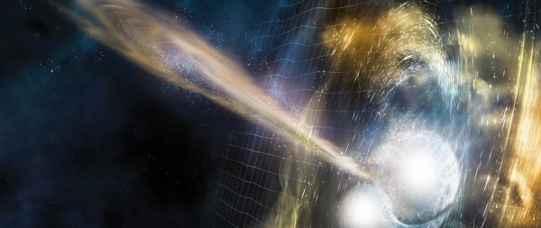 Illustrazione della fusione di due stelle di neutroni. Le onde gravitazionali si propagano verso lo spazio, mentre un secondo più tardi si scaglia rapidissimo un getto di raggi gamma. Non pensiamo, comunque, di mettere un dito dove le due stelle si toccano... la temperatura è "leggermente" calda. Fonte: National Science Foundation/LIGO/Sonoma State University/A. Simonnet