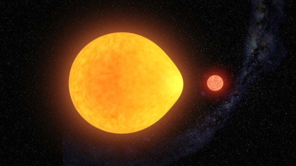 Un modello della stella pulsante, bloccata marealmente alla compagna nana rossa. Fonte: Gabriel Pérez Díaz (IAC)