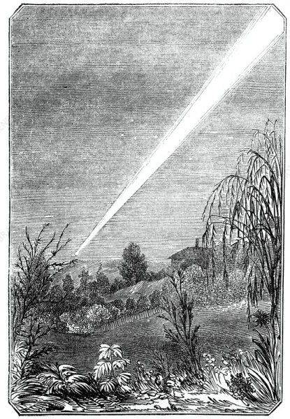 Great Comet of 1844, as observed from Van Diemen's Land (now known as Tasmania), off Australia. This comet was discovered on 18 December 1844, and was visible with the naked eye until the end of January 1845, during which time it was one of the brightest objects visible in the Southern Hemisphere. Comets are icy bodies from the outer solar system that boil and form a bright tail of gas and dust as they approach the Sun.