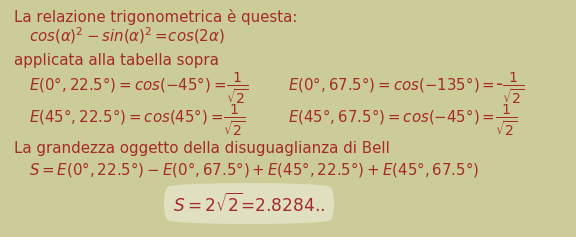 Valore numerico della grandezza oggetto della disuguaglianza di Bell secondo l'interpretazione standard